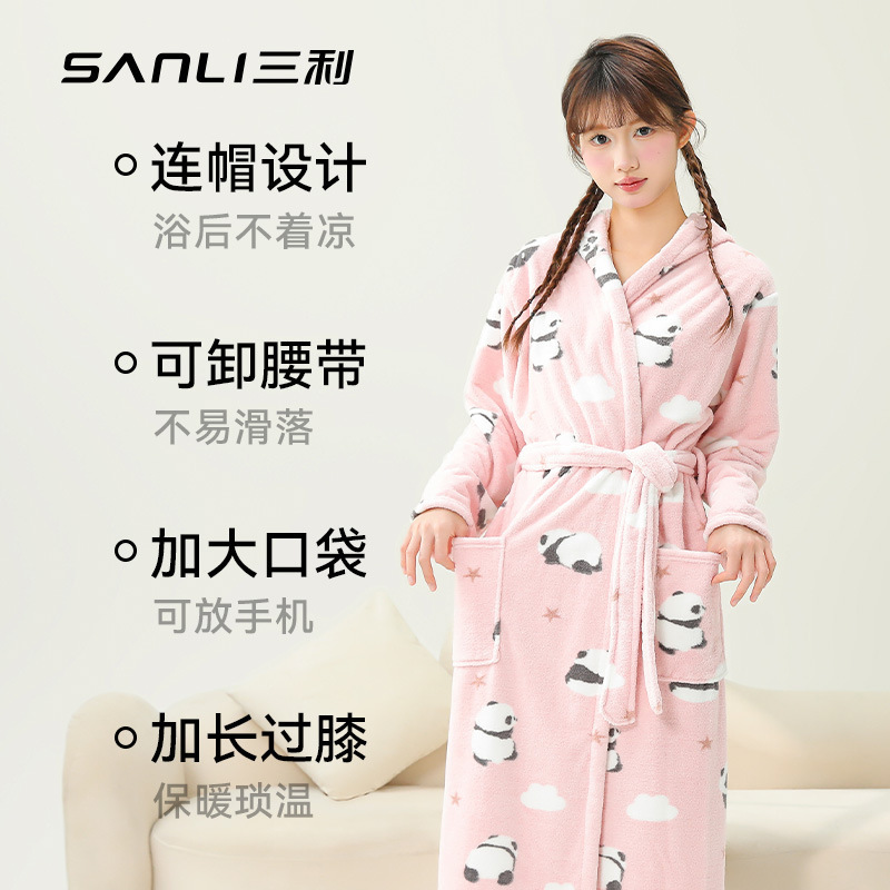 Sanli Towel Printed Bathrobe Adult Couple Cartoon Nightgown Coral Fleece Bathrobe Home Wear Couple Style Long Version Sanli Towel Printed Bathrobe Adult Couple Cartoon Nightgown Coral Fleece Bathrobe Home Wear Couple Style Long Version