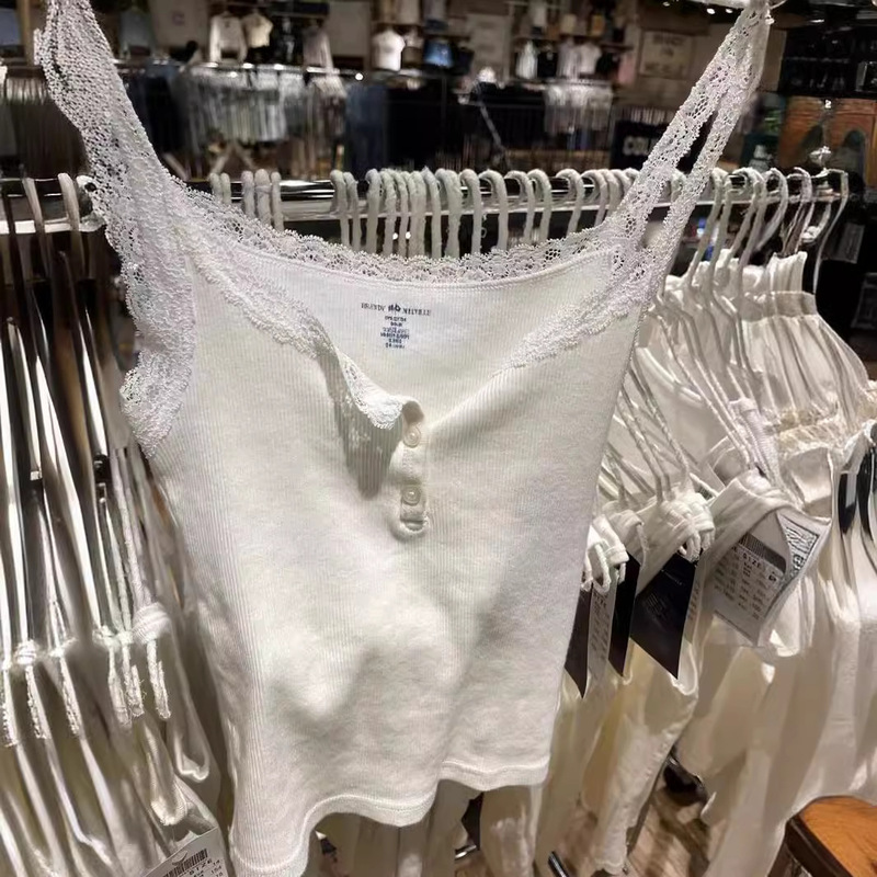 Bm Style Alternative American Lace Trim Buttoned Camisole for Women, Summer Outerwear, Bm Inner Wear Cotton Ribbed Tank Top Without Chest Padding