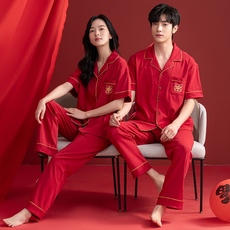 Pijamas Boda boda pareja traje rojo algodón hombres mujeres pantalones de manga corta pareja de media manga pijamas verano