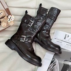 IG莱熙妮2025秋冬新款爆款真皮圆头厚底皮带扣瘦瘦短靴女骑士靴潮