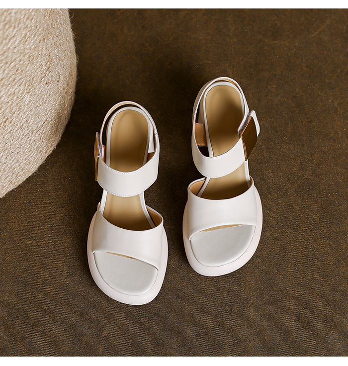 Sandal cao gót nữ mũi hở quai ngang kim loại, đế dày gót vuông, khóa dán — màu đen, màu trắng, màu vàng chi tiết 20