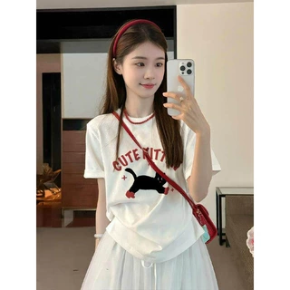 美式复古纯棉大码胖MM短袖T恤女2026夏季宽松休闲小众设计感半袖