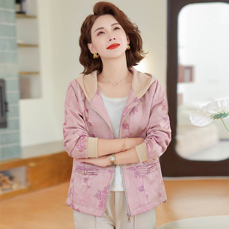 中年妈妈秋装外套2025新款洋气印花中老年女装春秋款连帽开衫上衣|undefined