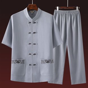Tang Suit Men's Cotton Linen Short-sleeved suit Summer Clothes Middle-aged and Elderly Grandpa Hanfu Dad Chinese Style Men's Clothes for the Elderly