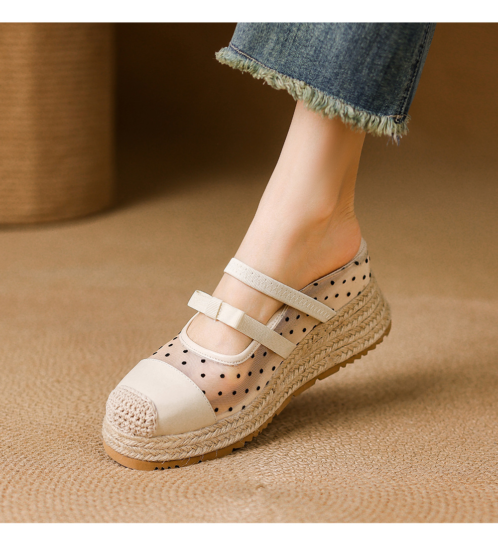 Mule nữ mũi nhọn bít đế xuồng cao gót 5 cm phong cách boho — màu trắng ngà, Chấm bi trắng kem chi tiết 8