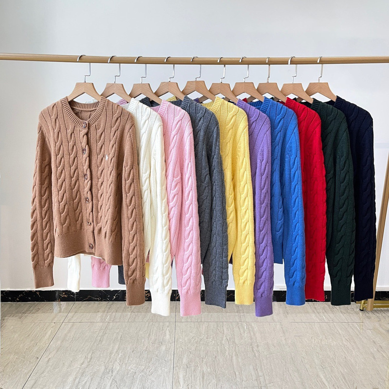 Rl Autumn and Winter New Style Pony Logo Wool Cashmere Classic Twist Twisted Rope Star's Same Versatile Knitted Cardigan