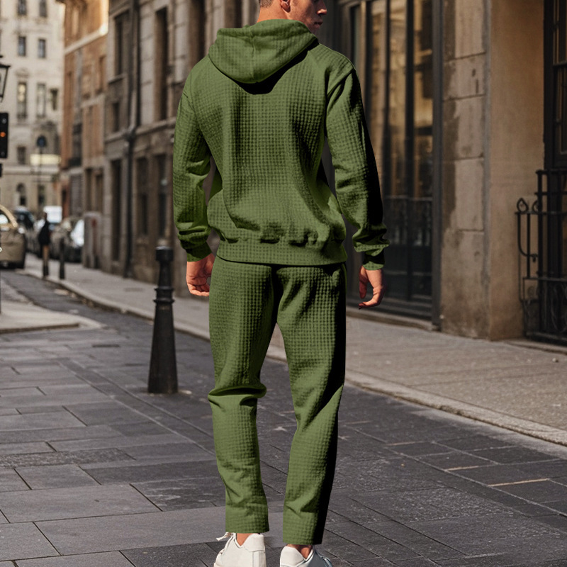 Men's Clothing heavy jacquard small square long sleeved trousers hooded suit _voghion.com