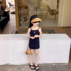 女童吊帶裙2024夏季新款韓版愛心印花中長裙無袖高彈力包臀連衣裙