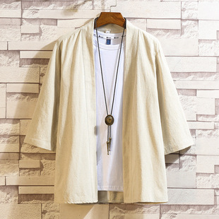 Chinese style men's clothing summer new men's pure color trendy Hanfu three-quarter sleeve cardigan Japanese style plus size trendy robe