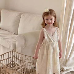 2024 Spring New Children's Fashion, Korean Style Girls' Floral Edge Halter Dress, Children's Lace Halter Dress for Girls