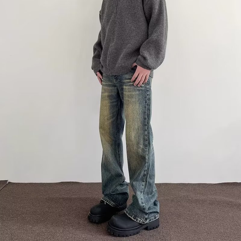 American High Street Vibe Retro Washed Old Jeans Men's Tide Straight Tube Slightly Thin Cleanfit Long Pants_mkmklike.com