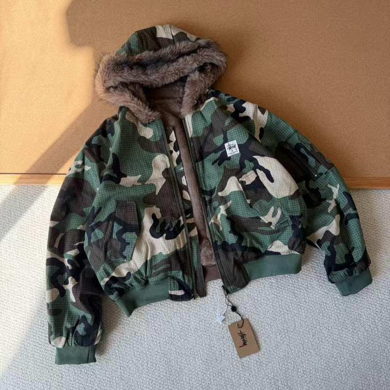 Stu2025Fw Stussy Early Winter Retro Marble Pattern Hooded Cotton Jacket for Men and Women, American Style