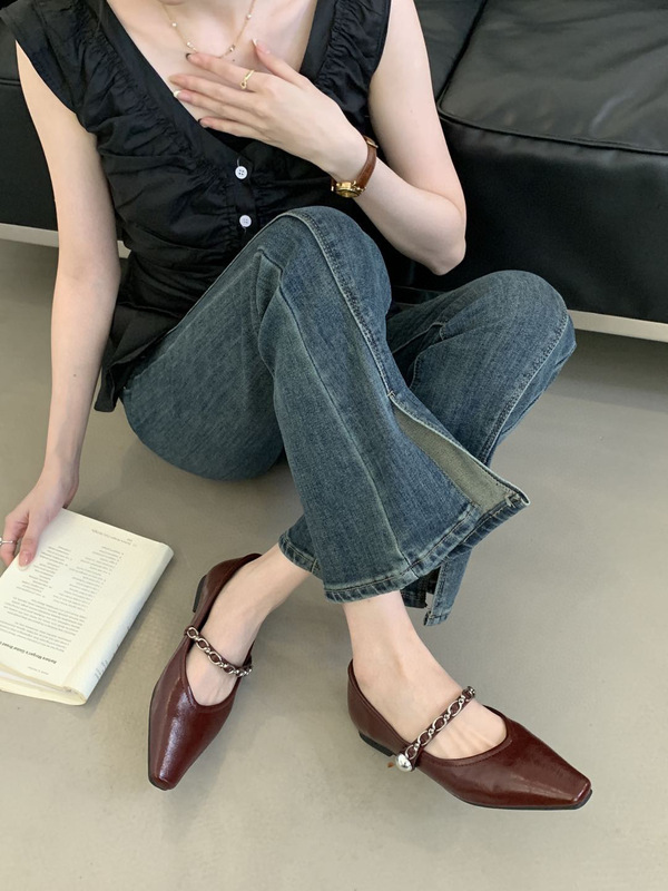 尖头平底单鞋女2025秋冬新款法式浅口玛丽珍鞋复古金属链条小皮鞋|undefined