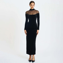 外贸秋冬新款欧美女装赫本风丝绒拼接网纱性感透视长袖包臀连衣裙