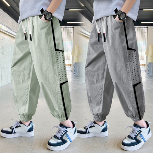 Children's clothing boys summer pants 2024 new middle and large children summer thin sports pants summer mosquito repellent 9-hole pants