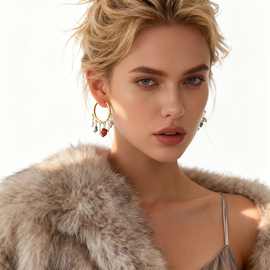 欧美气质圆形波西米亚铜圈碎石手工耳坠时尚设计高级松石流苏耳环