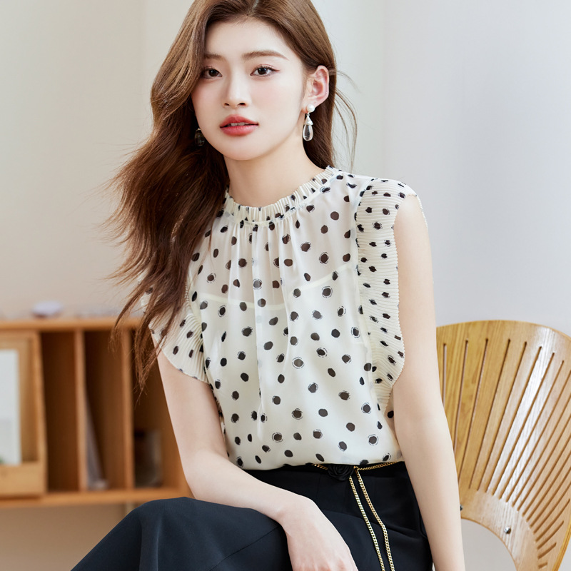 민소매 러플 도트무늬 쉬폰 셔츠 2026 여름 신상 여성스러운 셔츠 1813