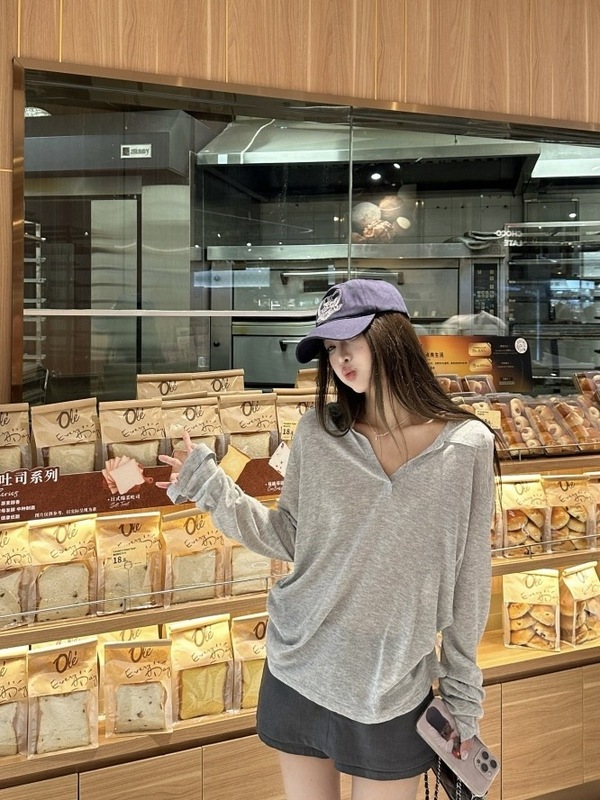 慵懒风灰色polo领长袖T恤女夏季宽松薄款防晒衫简约休闲百搭上衣|undefined