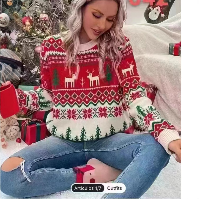 European and American Foreign Trade Cross-border Autumn and Winter Sweater Snowflake Elk Christmas Tree Holiday Knitted Shirt Long Sleeve Crewneck Pullover Top