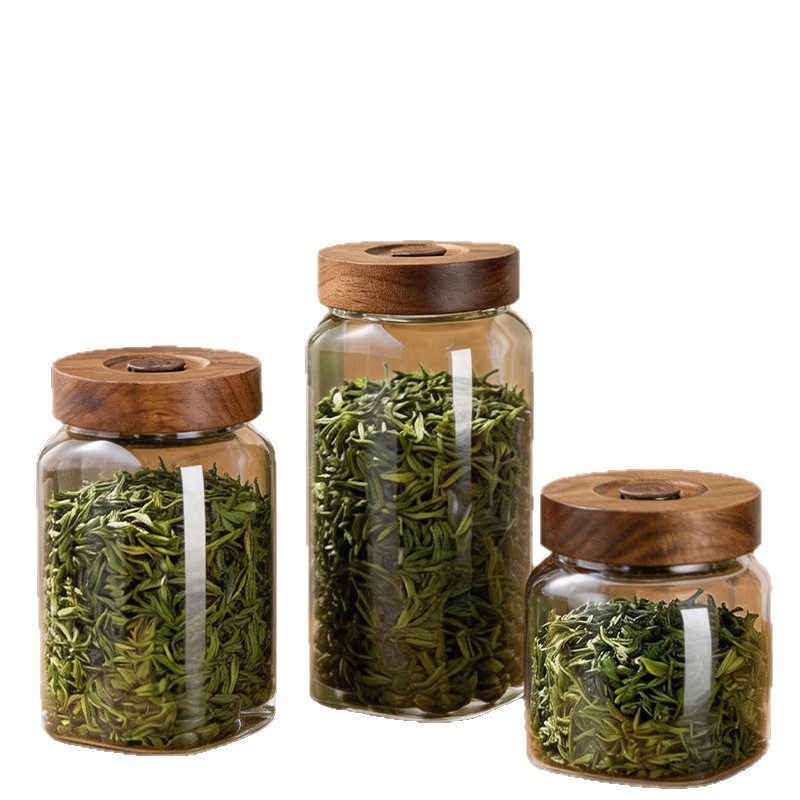 Acacia cubierta de madera de té botella de vidrio de grado alimenticio sala de té residencial de té de flores jarra de sellado jarra de bocadillos domésticos image 6