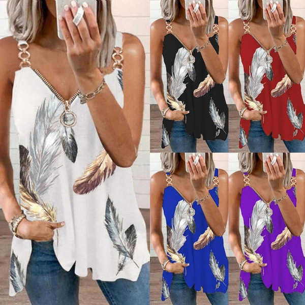 2022 cross-border women's fashion summer casual shirt chain cold shoulder sleeveless T-shirt sexy V-neck feather print top