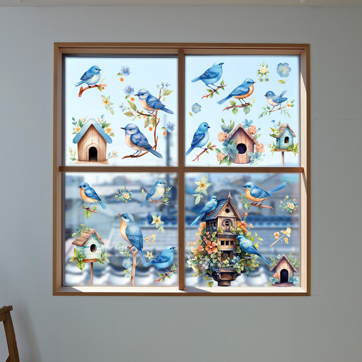 Cross-border hot-selling cartoon branch bird nest glass window sticker double-sided colorful display window decorative static cling film