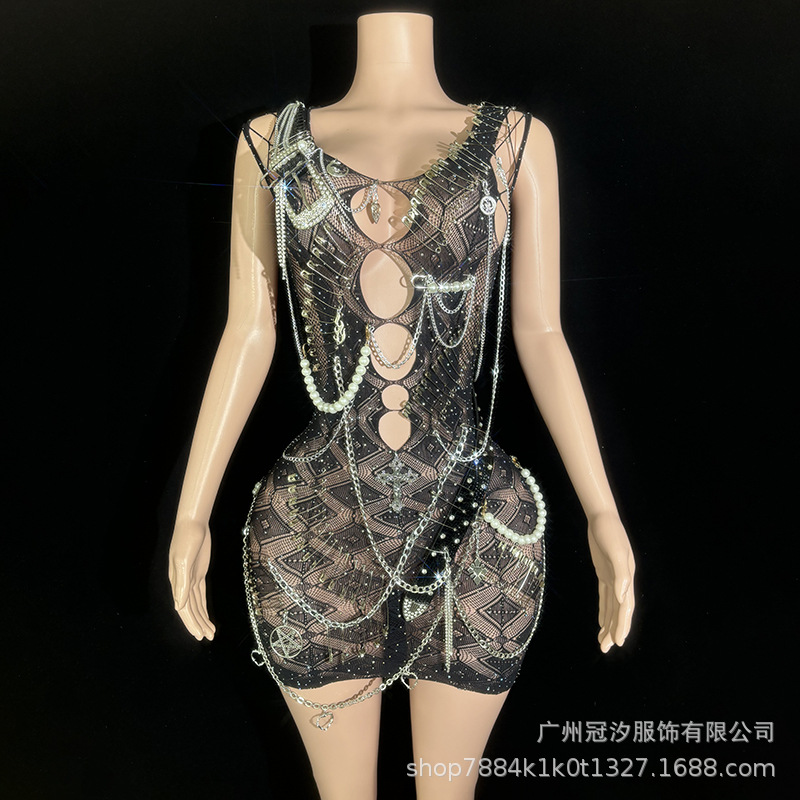 亚马逊演出服镂空珍珠包臀短裙车展模特酒吧驻唱时尚舞会晚装