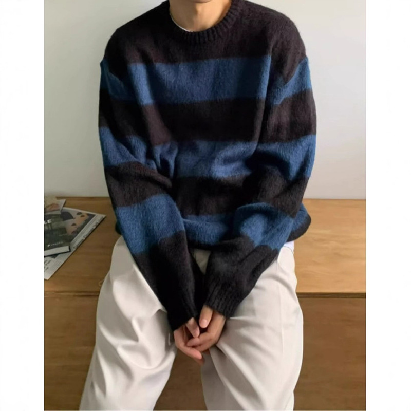 Clearance Sale Lazy Style Crew Neck Sweater for Men Spring and Autumn Versatile Loose Design Niche Striped Knit Cardigan