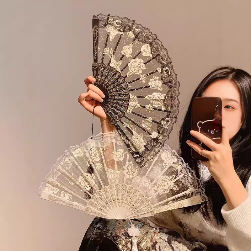 ローズレースファン中国扇子ダンス扇子写真漢服チャイナドレス写真古代スタイルポーズインターネット有名人小道具|undefined