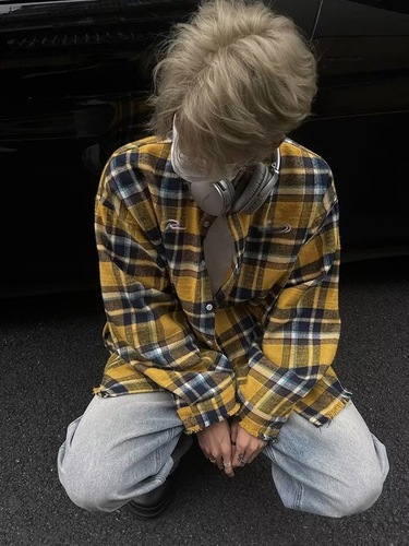 American Retro Color Blocking Plaids Long-Sleeve Striped Shirt for Men and Women Loose Casual Trend Brand Couple Fringe Shirt with Embroidery