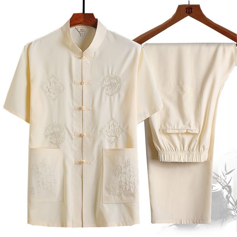Tang Suit Male Dad Summer Short-sleeved suit Middle-aged and Elderly Men's Grandpa Chinese-style Buckle Hanfu Men's plus size Shirt
