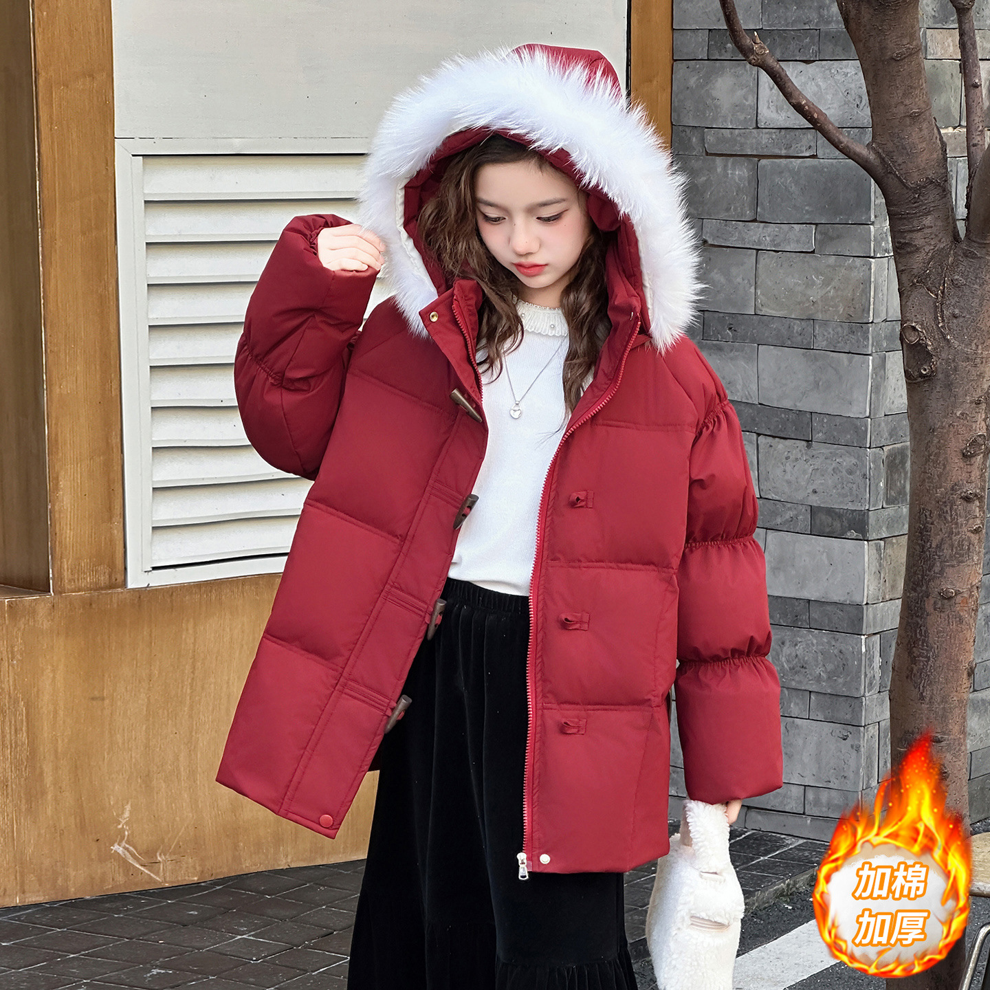 Girls' lantern sleeve down cotton warm cotton coat New Year's outfit with toggle button hooded down cotton sweet preppy style puffer jacket