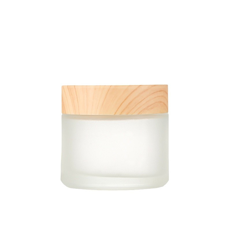 Botella de crema de vidrio con tapa de grano de madera, botella de crema facial esmerilada, botella de cosméticos portátil, botella de crema para ojos, muestra de botella, botella de empaque al por mayor
