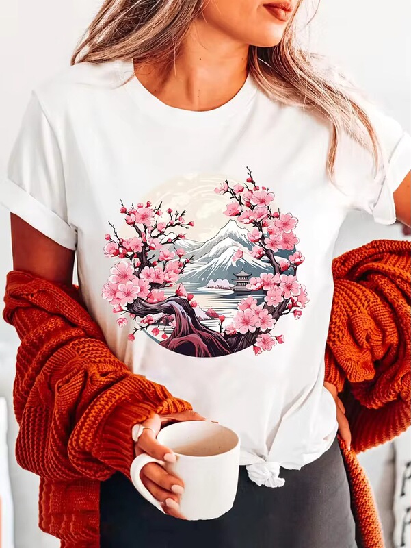 Neckline Casual Tops for Summer and Spring Women's Clothing, Cherry Blossom Print T-Shirt, Short-Sleeve Crew Neck