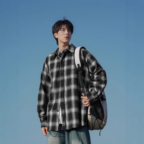 Grid Long-sleeve Shirt for Men 2025 Spring and Autumn, Cool and Stylish Men's Black Shirt with a Sense of Elegance, Outerwear