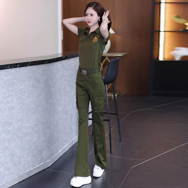 夏季迷彩服新款高腰显瘦喇叭工装裤女薄款两件套休闲短袖套装