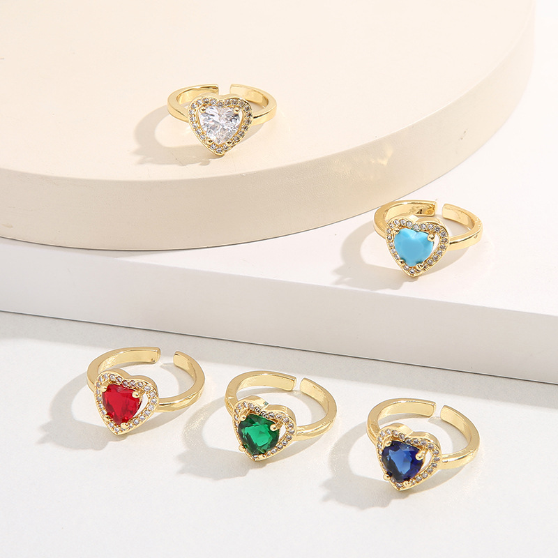 Sweet Heart Shape Brass Plating Inlay Zircon Open Ring 1 Piece