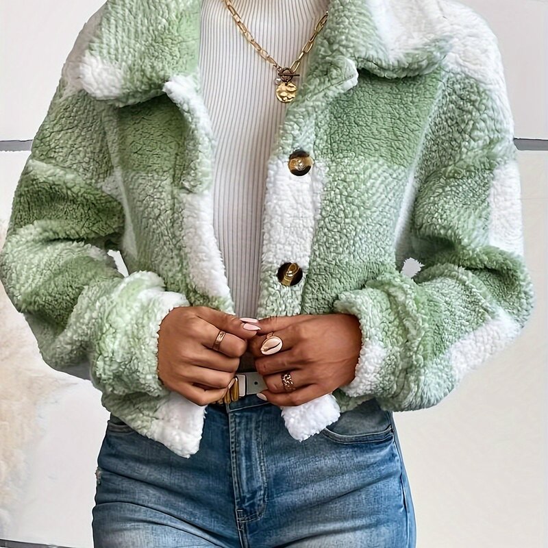 Long Sleeve Plaid Pattern Teddy Coat Versatile Winter跨境|undefined