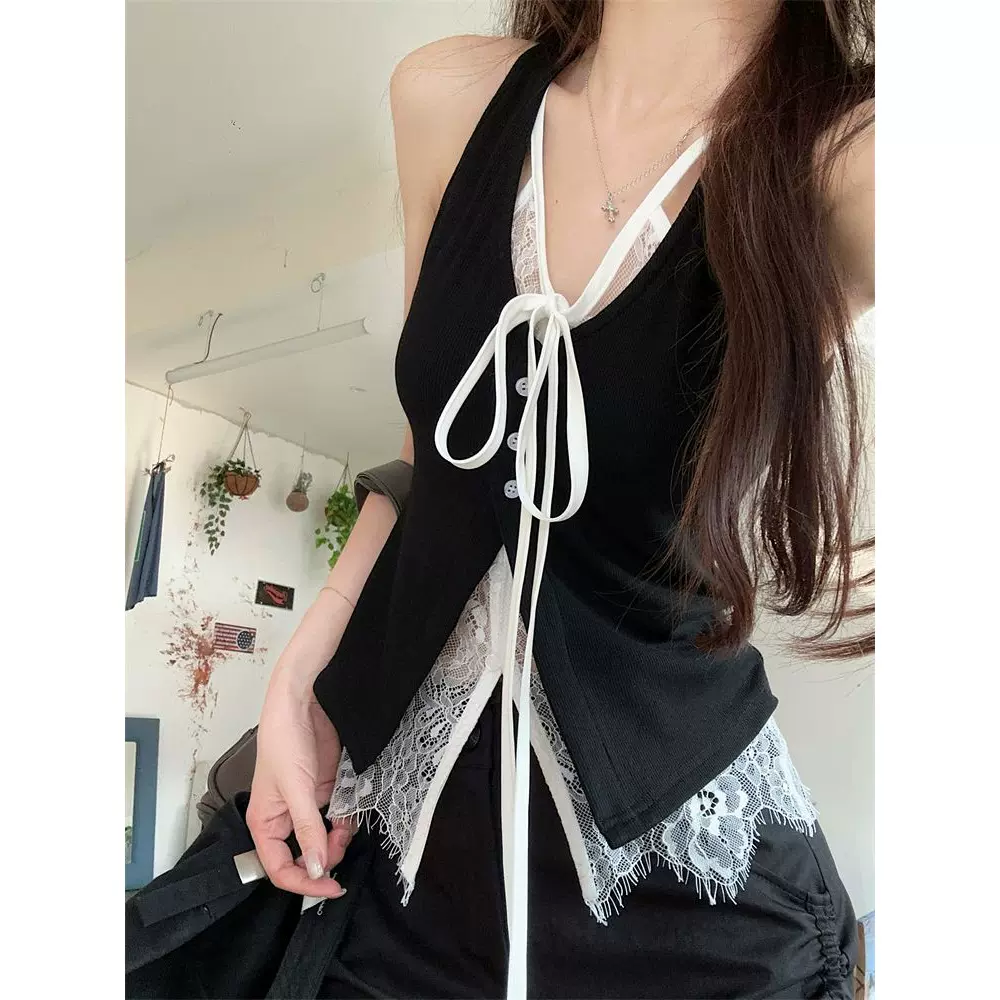 韩系纯欲风蕾丝v领吊带背心女夏季小个子修身显瘦辣妹上衣两件套