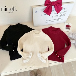 Ningli Girls' Knitted Sweater 2025 Autumn and Winter New Plaid Warm Bottoming Shirt Children's Easiest for Match Sweater Bottoming Shirt