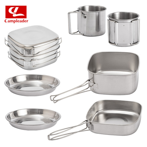 Outdoor 6-piece pot set, camping stainless steel pots, cups, lunch boxes, plates, cooking utensils, mountaineering bowl set, portable barbecue tableware for 3-4 people
