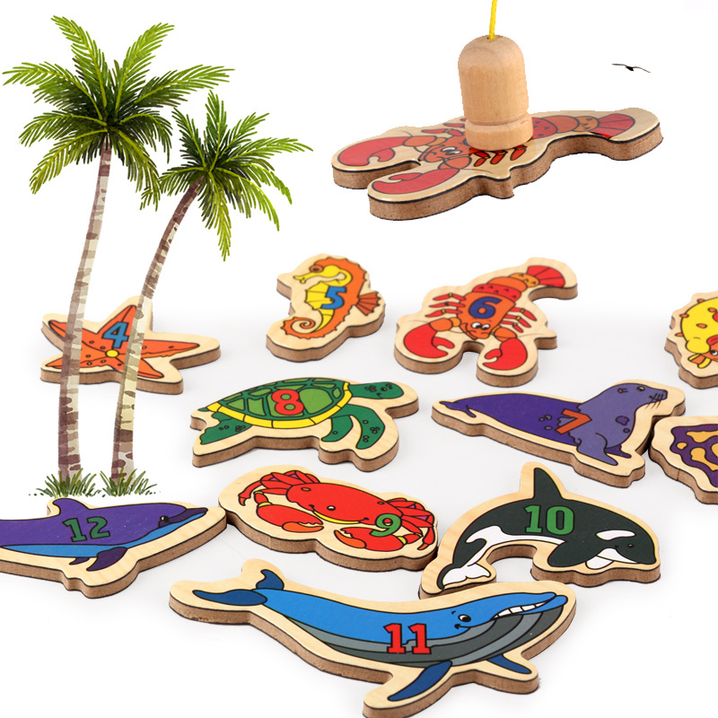 Bebé niños y niñas niños pequeños traje de pesca magnética agua jugando rompecabezas de madera pesca bloques de construcción juguete imán gancho de pescado