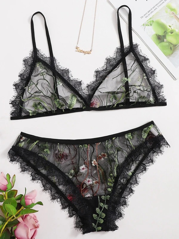 Nouveaux sous-vêtements amusants Sexy dentelle noire imprimé sous-vêtements ensemble amusant_voghion.com