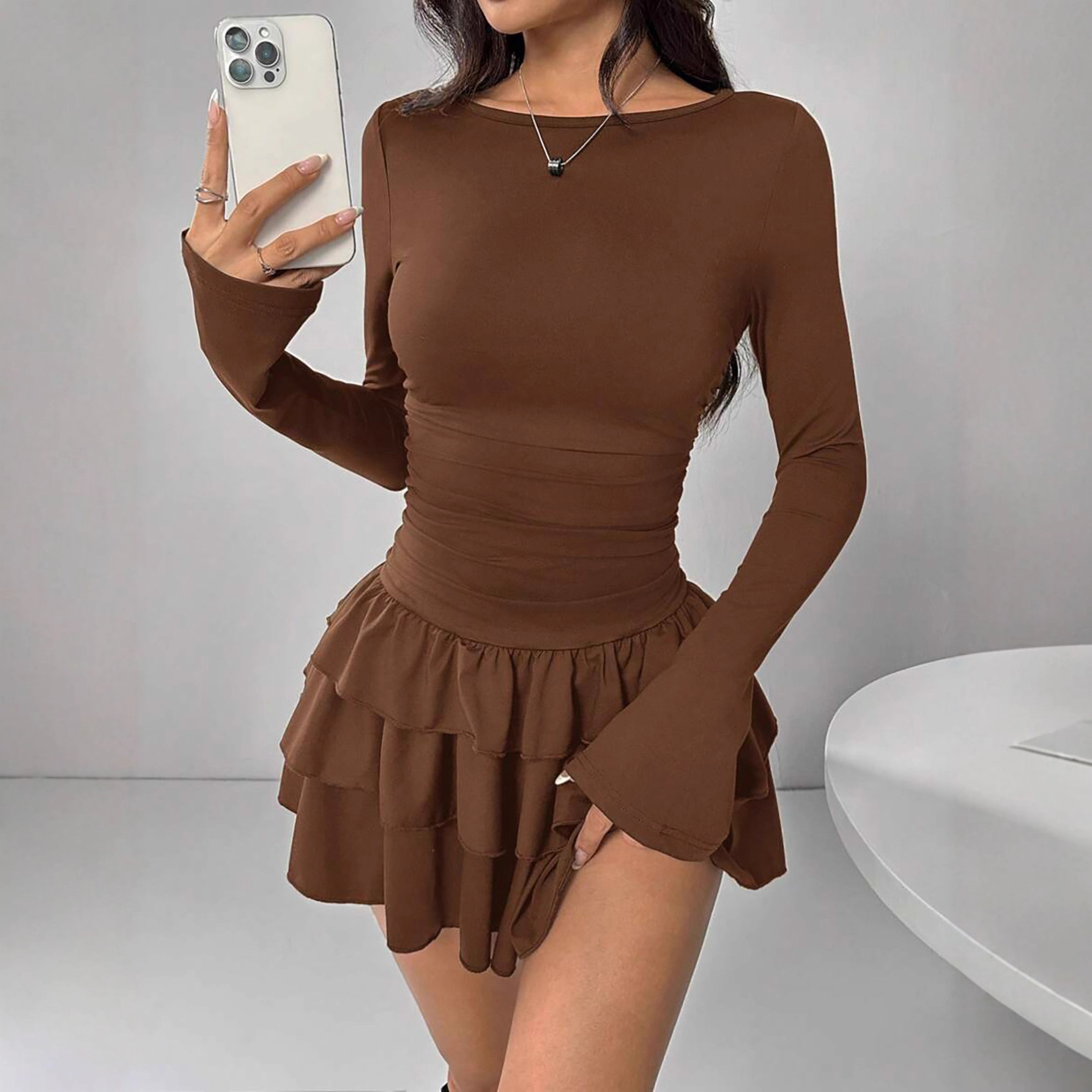 Women's Solid Color Slim Fit Ruffled Panel Long Sleeve Bodycon Mini Dress – Elegant Casual Gown_ecoleips.com