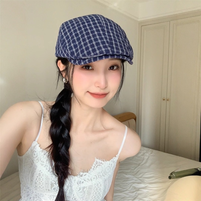 春先の新しいスタイルのチェック柄レトロスタイルフォワードハット女性用和風インスイート多用途ファッションリバースベレー帽トレンド|undefined
