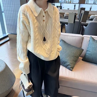 慵懒风翻领时尚麻花羊毛毛衣女秋冬新款宽松百搭套头针织衫潮跨境