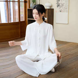 新款2026民族风新款棉麻禅服套装立领中袖上衣松紧腰长裤套白色