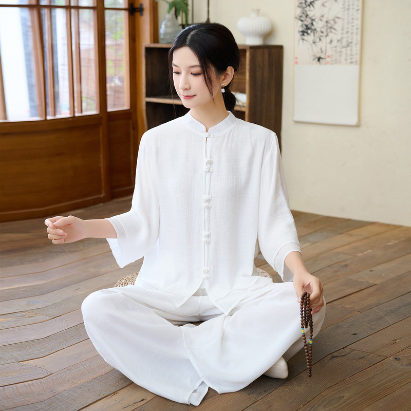 New 2026 Ethnic Style Cotton and Linen Zen Clothing Set with Stand Collar, Mid-Sleeve Top, Elastic Waist Long Pants, White New 2026 Ethnic Style Cotton and Linen Zen Clothing Set with Stand Collar, Mid-Sleeve Top, Elastic Waist Long Pants, White