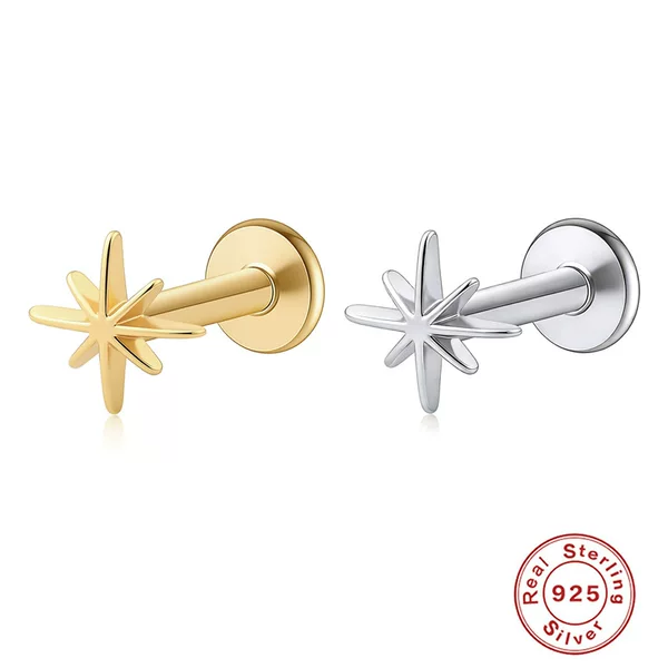 S925 Sterling Silver Eight-Pointed Star Earrings with Internal Spiral Design for Women, Popular European and American Cross-Border Style, Flat-Bottomed Ear Bone Piercing Studs