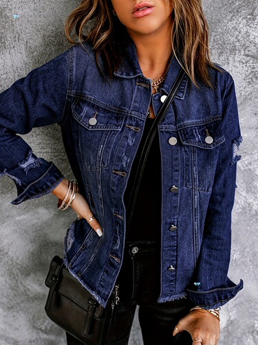 Women's Distressed Denim Jacket Casual Light Blue Ripped Cross-border